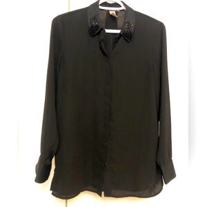 Black button down black shirt, beaded collar, 4